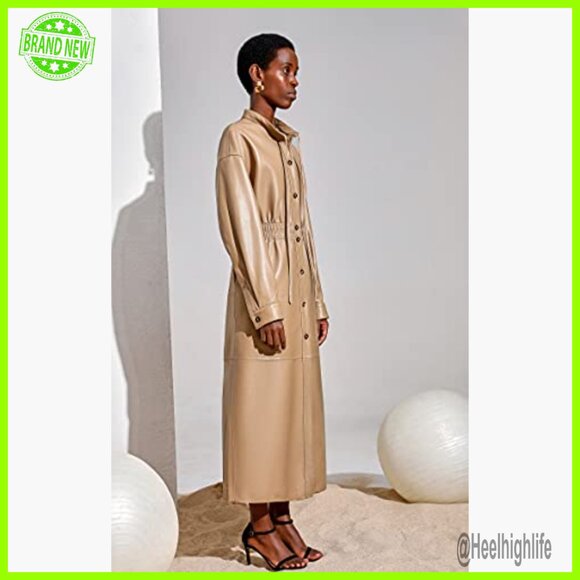 Genuine Lambskin Leather Trench Coat Maxi Length Slim Fit Stand Collar - Picture 3 of 5